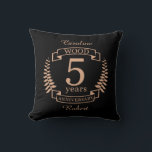 Wood wedding anniversary 5 years cushion<br><div class="desc">A design to celebrate 5 years of marriage. This design has a tan (wood) coloured laurel design on a black background. Wood is the traditional gift for this occasion. The text reads Wood 5 years anniversary. A romantic design to celebrate your 5th year of marriage. If you would like any...</div>