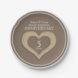 Wood wedding Anniversary 5 years heart brown Paper Plate