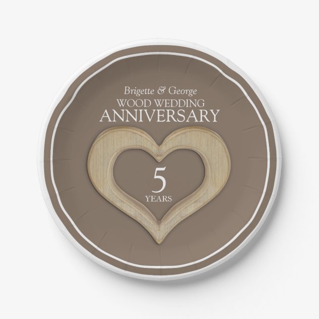 Wood wedding Anniversary 5 years heart brown Paper Plate (Front)