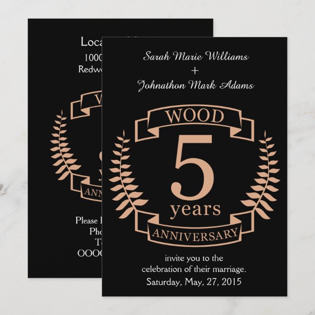 Wood wedding anniversary 5 years invitation (Front/Back)