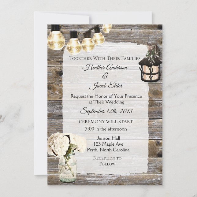 Wood Wedding Lights and Baby Breath Invitations (Front)