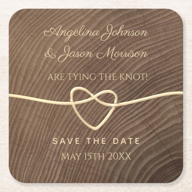 Wood Wedding Save The Date Square Paper Coaster (Front)