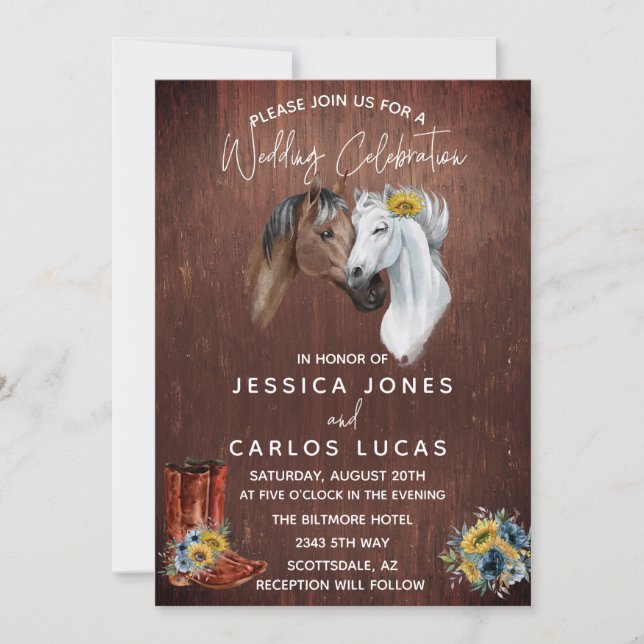 Wood Western Horse Boots Sunflower Watercolor Invitation (Front)