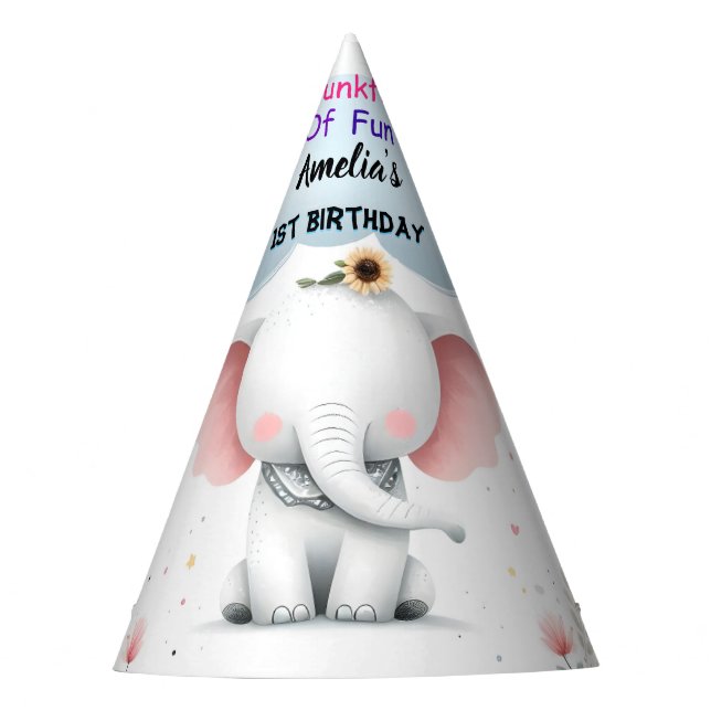 Wood White Elephant Birthday First 1st Birthday Party Hat (Front)