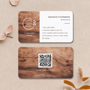 Wood White Logo QR Code Minimalist Modern Business Card