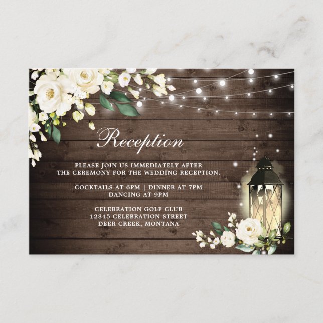 Wood  White Rose  Floral Lantern Wedding Reception Enclosure Card (Front)