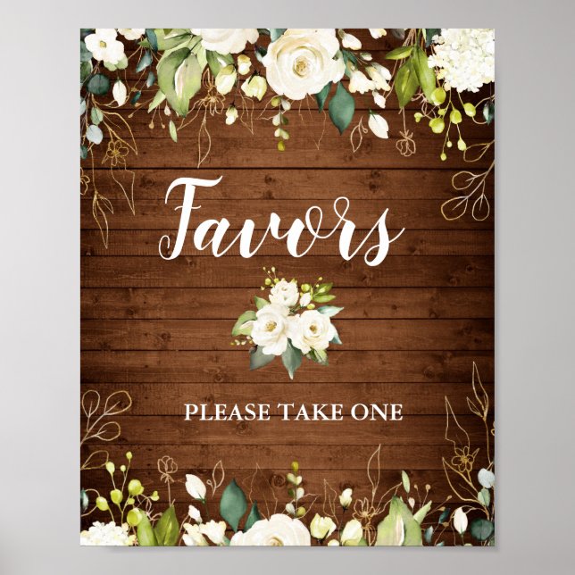 Wood & White Rose Floral Wedding Favour Sign Poste (Front)