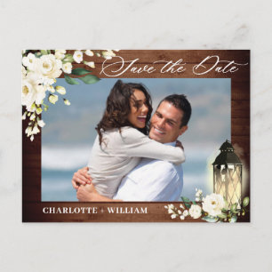 Wood White Rose Rustic PHOTO Wedding Save the Date Postcard