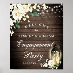 Wood & White Roses Floral Engagement Party Sign