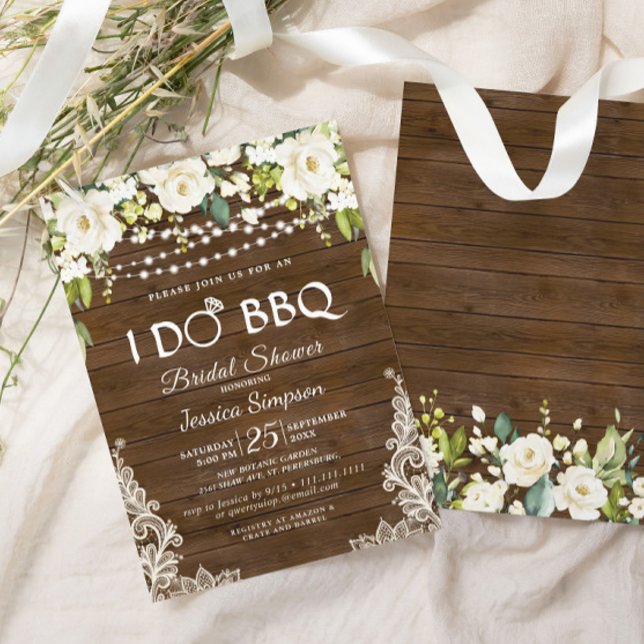 Wood & White Roses Floral I Do BBQ Bridal Shower Invitation (Creator Uploaded)