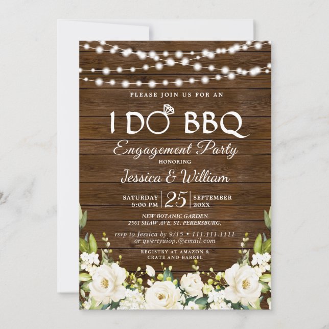 Wood White Roses Floral I Do BBQ Engagement Party Invitation (Front)