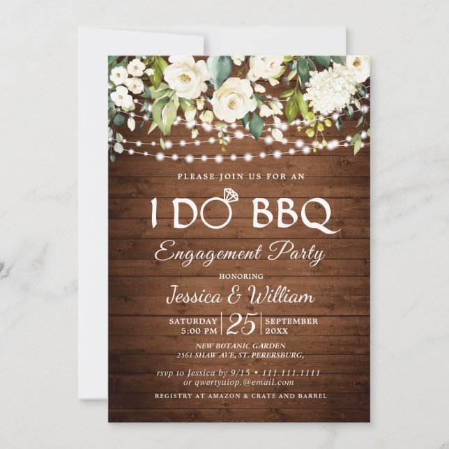 Wood White Roses Floral I Do BBQ Engagement Party Invitation (Front)