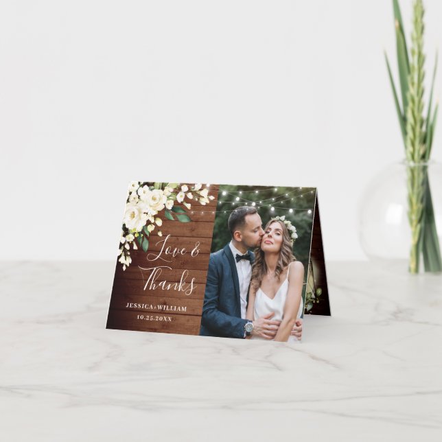 Wood & White Roses Floral Lantern Photo Thank You  (Front)