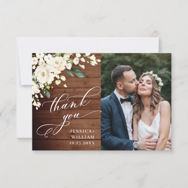 Wood & White Roses Floral Lantern Photo Thank You Card (Front)
