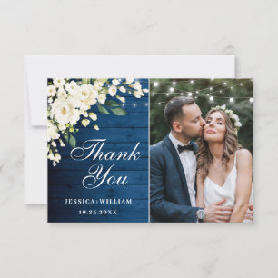 Wood & White Roses Floral Lantern Photo Thank You Card