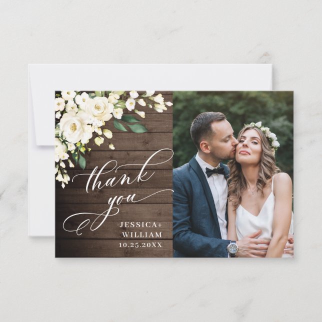Wood & White Roses Floral Lantern Photo Thank You Card (Front)