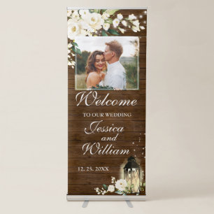 Wood & White Roses Floral PHOTO Wedding Welcome Retractable Banner