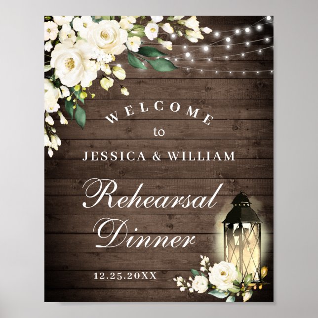 Wood & White Roses  Floral Rehearsal Dinner Sign (Front)