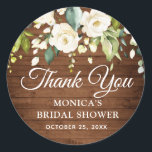 Wood White Roses Floral Rustic Bridal Shower Classic Round Sticker<br><div class="desc">For further customisation,  please click the "customise further" link and use our design tool to modify this template. 
If you need help or matching items,  please contact me.</div>