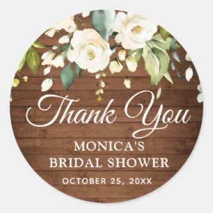 Wood White Roses Floral Rustic Bridal Shower Classic Round Sticker