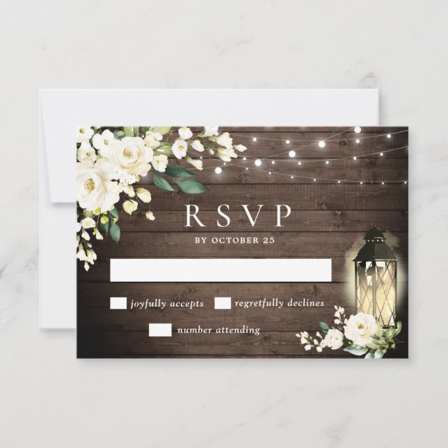Wood & White Roses Greenery RSVP Card (Front)