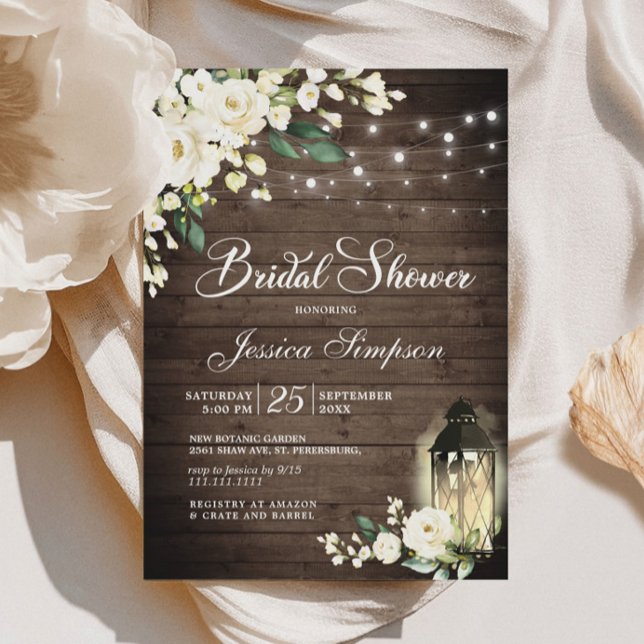 Wood & White Roses Lantern Bridal Shower Invitation (Creator Uploaded)