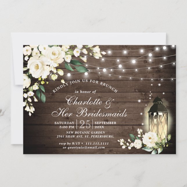 Wood & White Roses Lantern Bridesmaids Brunch Invitation (Front)