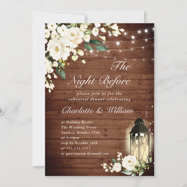 Wood White Roses & Lantern Rehearsal Dinner Invitation (Front)