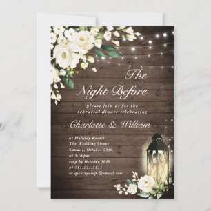 Wood White Roses & Lantern Rehearsal Dinner Invitation