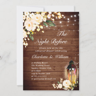 Wood White Roses & Lantern Rehearsal Dinner Invitation