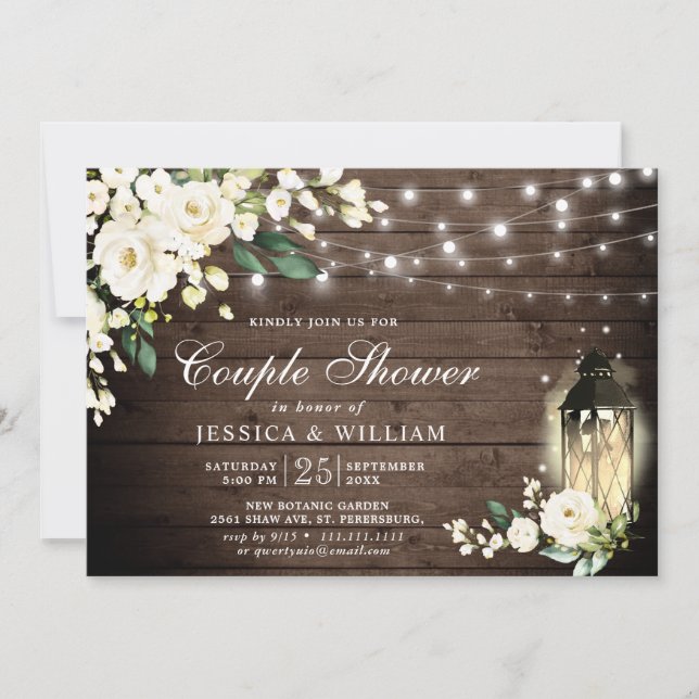 Wood White Roses Lantern Rustic Couple Shower Invitation (Front)