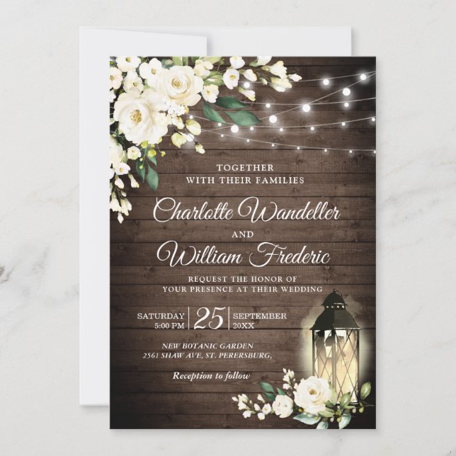 Wood & White Roses & Lantern Watercolor wedding Invitation (Front)