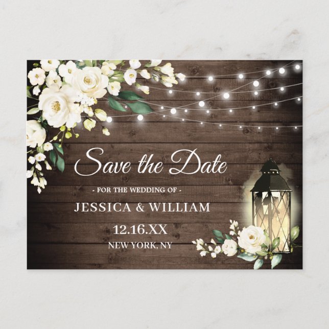 Wood White Roses Rustic Wedding Save the Date Postcard (Front)