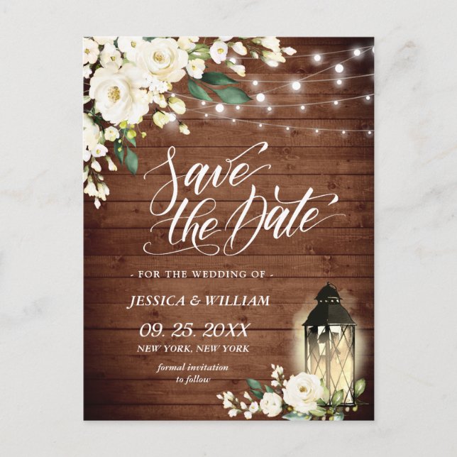 Wood White Roses Rustic Wedding Save the Date Postcard (Front)