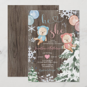 Wood Winter Bear Gender Reveal Snowflakes  Invitation