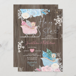 Wood Winter Bear Gender Reveal Snowflakes  Invitation
