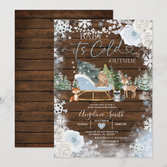 Wood Winter Pastel Blue Snowflake Baby Shower  Invitation (Front/Back)