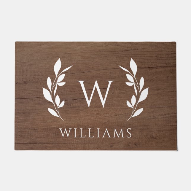 Wood Wreath Initial Monogram Last Name Doormat (Front)