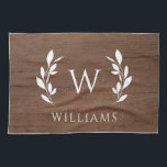 Wood Wreath Initial Monogram Last Name Tea Towel<br><div class="desc">Wood Wreath Initial Monogram Last Name kitchen towel features a background of brown walnut faux wood,  with your last name and initial.</div>