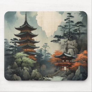 Woodblock Asian Houses Mouse Mat
