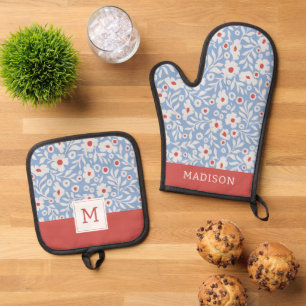 Woodblock Floral Pattern Oven Mitt & Pot Holder Set