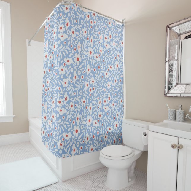 Woodblock Floral Pattern Shower Curtain (In Situ)