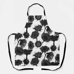 Woodblock Print Sunflower black & white Apron