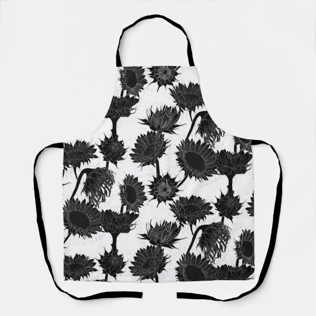 Woodblock Print Sunflower black & white Apron (Front)