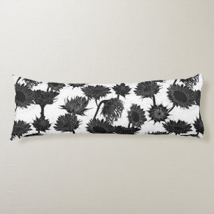 Woodblock Print Sunflower black & white Body Cushion