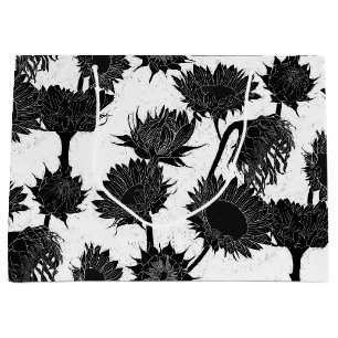Woodblock Print Sunflower black & white Large Gift Bag