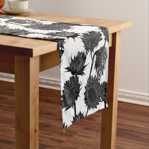 Woodblock Print Sunflower black & white Short Table Runner