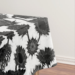Woodblock Print Sunflower black & white Tablecloth