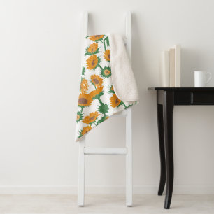 Woodblock Print Sunflower orange Sherpa Blanket