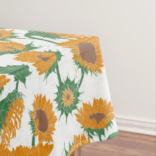 Woodblock Print Sunflower orange Tablecloth